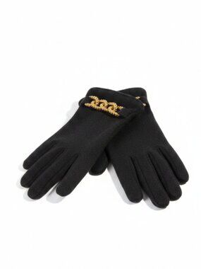 Vintage Grandoe Wool Angora Dress Gloves Black Gold Chain Women's Size A